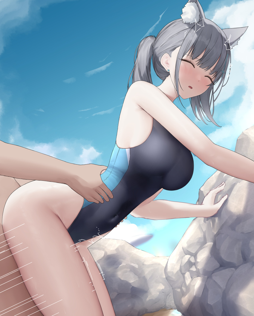 1boy 1girl absurdres animal_ear_fluff animal_ears bare_arms bare_shoulders bent_over blue_archive blue_one-piece_swimsuit blush closed_eyes covered_navel ear_piercing earrings from_side grey_hair hetero highleg highleg_swimsuit highres jewelry medium_hair motion_lines n9at one-piece_swimsuit outdoors parted_lips piercing sex sex_from_behind shiroko_(blue_archive) shiroko_(swimsuit)_(blue_archive) solo_focus stud_earrings swimsuit thighs torso_grab