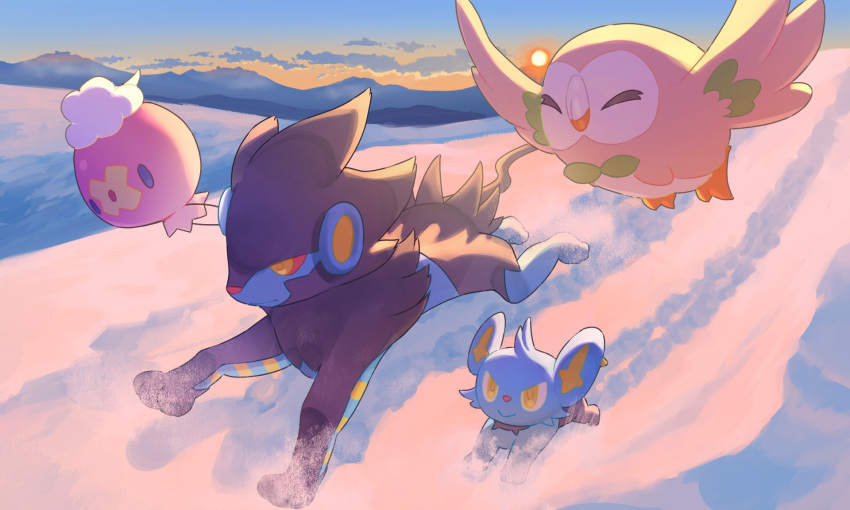 closed_eyes closed_mouth cloud colored_sclera commentary_request day drifloon highres luxray mokukitusui no_humans outdoors pokemon pokemon_(creature) red_sclera rowlet running shinx sky smile snow sun yellow_eyes yellow_pupils