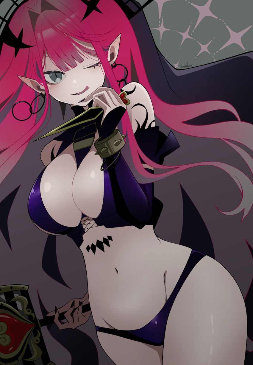 1girl absurdres baobhan_sith_(fate) baobhan_sith_(second_ascension)_(fate) bare_shoulders black_panties bracelet breasts cleavage detached_sleeves earrings fate/grand_order fate_(series) grey_eyes hammer highres jewelry large_breasts licking_lips long_hair looking_at_viewer navel one_eye_closed panties pink_hair pointy_ears revealing_clothes sidelocks smile solo spiked_bracelet spikes stake tiara tongue tongue_out underwear veil wagu_neru
