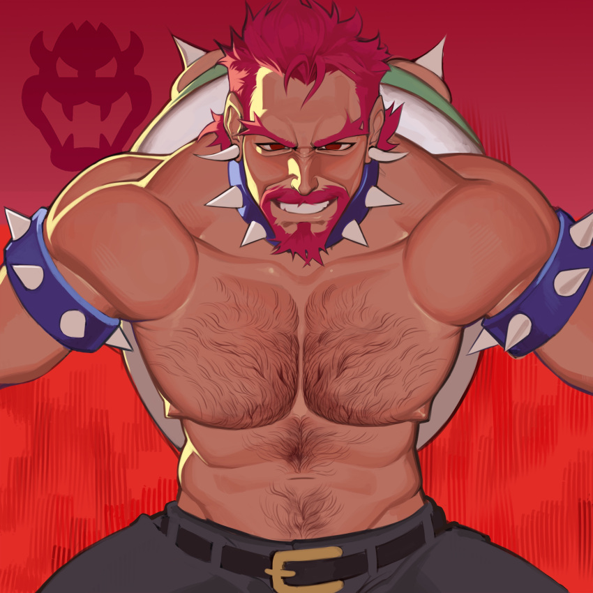 0puggo 1boy abs absurdres bara beard bowser come_hither cowboy_shot evil_smile facial_hair grin hairy highres humanization large_pectorals leaning_forward looking_at_viewer male_focus mario_(series) mature_male muscular muscular_male navel navel_hair nipples pectorals red_hair short_hair silhouette smile solo stomach thick_beard thick_chest_hair thick_eyebrows topless_male wrinkled_skin