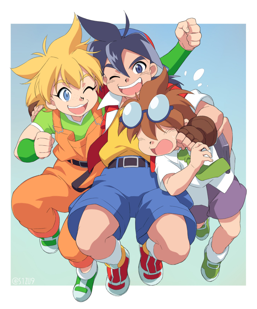 3boys ;d bakuten_shoot_beyblade belt belt_buckle beyblade black_belt black_hair blonde_hair blue-framed_eyewear blue_eyes blue_shorts brown_hair buckle character_request collared_shirt eyewear_on_head glasses green_footwear green_necktie green_shirt hair_over_eyes highres jacket kinomiya_takao kusumoto_shizuru mizuhara_max multiple_boys necktie one_eye_closed open_clothes open_jacket overalls purple_shorts red_footwear red_jacket semi-rimless_eyewear shirt shoes short_sleeves shorts smile socks twitter_username under-rim_eyewear white_shirt white_socks yellow_shirt