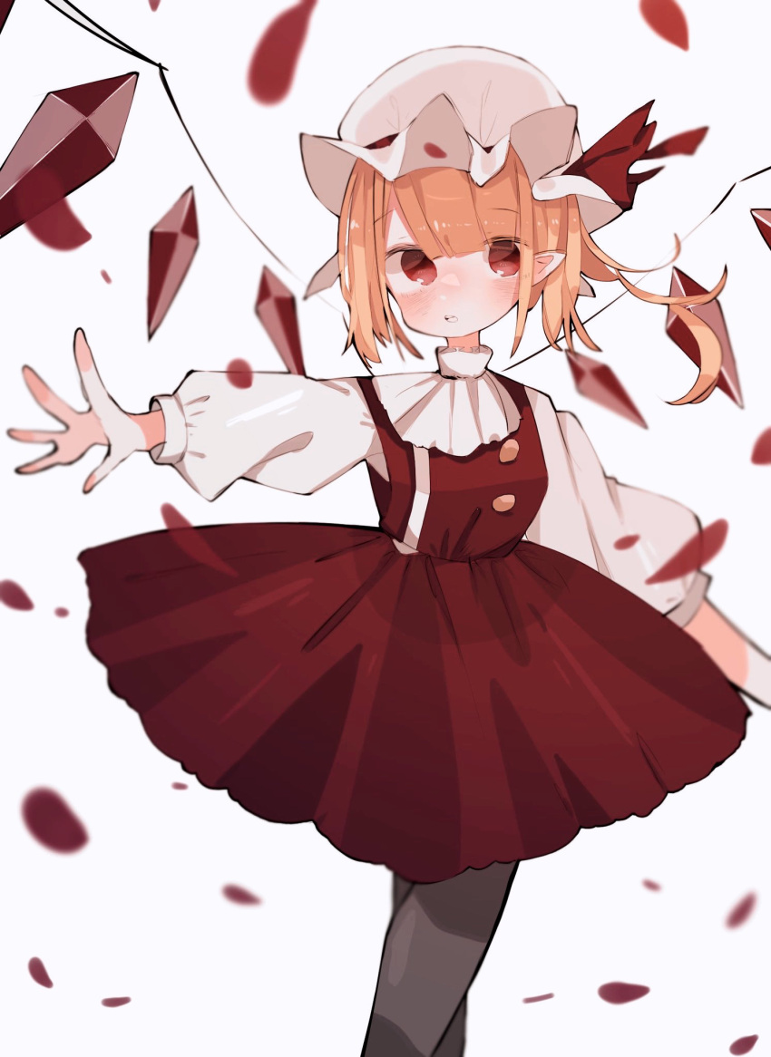 1girl black_thighhighs blonde_hair closed_mouth cowboy_shot flandre_scarlet hat hat_ribbon highres looking_at_viewer medium_hair mob_cap nacht_musik pantyhose petals pointy_ears red_eyes red_ribbon ribbon side_ponytail simple_background solo thighhighs touhou white_background wings