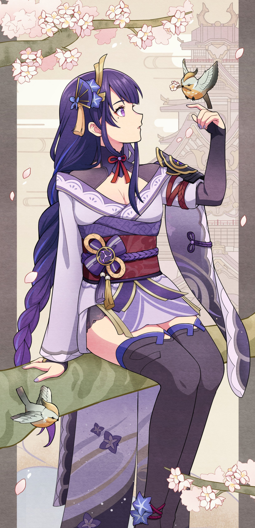 1girl absurdres armor bird black_thighhighs breasts cleavage commentary_request feet_out_of_frame genshin_impact hair_ornament highres itsumiruka japanese_clothes kimono long_braid long_hair obi off_shoulder purple_eyes purple_hair purple_kimono raiden_shogun red_sash sash shoulder_armor sitting solo thighhighs very_long_hair