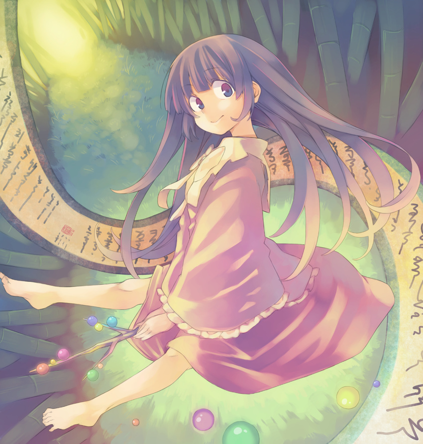 anarogumaaa bamboo bamboo_forest barefoot black_eyes black_hair branch floating forest grass highres hime_cut houraisan_kaguya japanese_clothes jeweled_branch_of_hourai long_hair long_sleeves looking_at_viewer nature road scroll solo touhou wide_sleeves