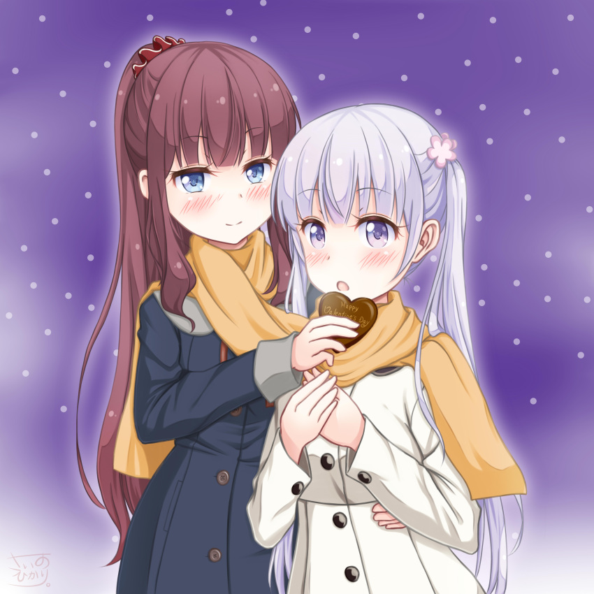2girls absurdres blue_coat blue_eyes blunt_bangs blush brown_hair coat commentary_request feeding grey_hair hair_ornament hair_scrunchie hand_on_another's_hip happy_valentine heart high_ponytail highres long_hair multiple_girls new_game! open_mouth orange_scarf ponytail purple_eyes purple_hair red_scrunchie revision sainohikari scarf scrunchie shared_clothes shared_scarf simple_background smile standing suzukaze_aoba takimoto_hifumi twintails valentine very_long_hair white_background white_coat winter_clothes winter_coat yellow_scarf yuri