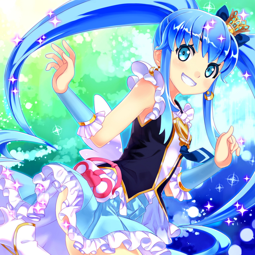 blue_eyes blue_hair buntan crown cure_princess frills grin happinesscharge_precure! highres long_hair magical_girl mini_crown necktie precure shirayuki_hime skirt smile solo sparkle twintails