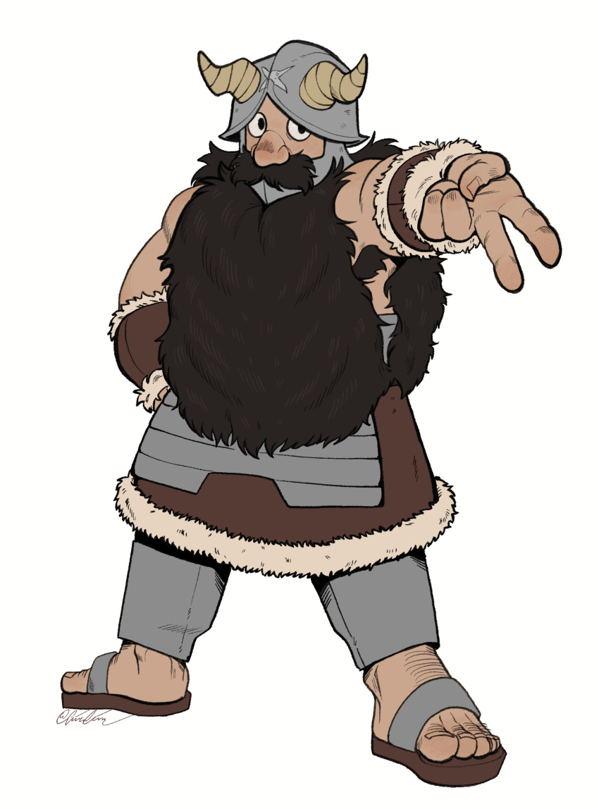 1boy absurdres andy_(friccafracc) bara beard big_nose brown_hair dungeon_meshi dwarf excessive_armpit_hair expressionless facial_hair fake_horns foot_hair full_body gyaru_v helmet highres horned_helmet horns long_beard looking_at_viewer male_focus outstretched_arm senshi_(dungeon_meshi) solo standing thick_mustache v very_long_beard