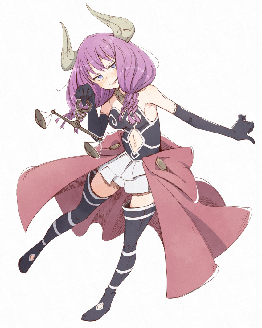 1girl aura_(sousou_no_frieren) balance_scale bare_shoulders black_footwear blue_eyes blush bodice boots breasts clothing_cutout commentary eitopondo elbow_gloves full_body gloves head_tilt highres horns long_hair navel navel_cutout purple_hair simple_background skirt small_breasts smile solo sousou_no_frieren thigh_boots weighing_scale white_background white_skirt