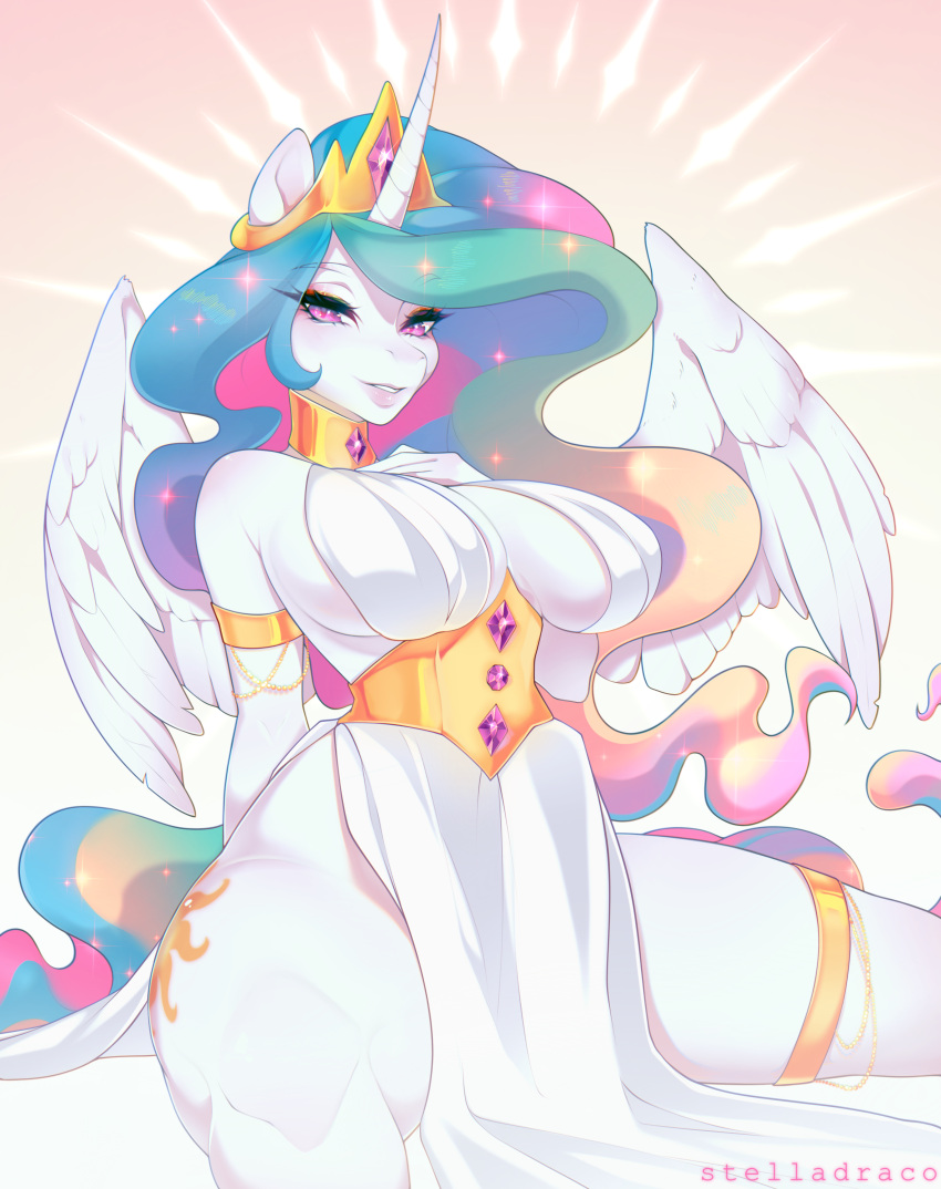 absurd_res anthro big_breasts breasts cutie_mark digital_media_(artwork) earth_pony equid equine feathered_wings feathers female friendship_is_magic fur hair hasbro hi_res horn horse looking_at_viewer mammal multicolored_hair my_little_pony pony princess_celestia_(mlp) simple_background smile solo stelladraco tail white_body winged_unicorn wings