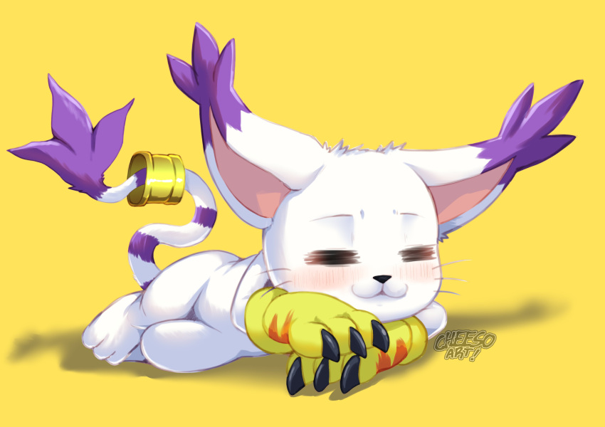 absurdres artist_name blush cheeso_art closed_eyes digimon digimon_(creature) gloves highres holy_ring lying no_humans on_stomach simple_background sleeping solo tail tailmon yellow_background