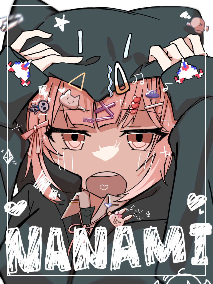 1girl black_jacket brown_eyes brown_hair character_name collared_shirt d: danganronpa_(series) danganronpa_2:_goodbye_despair galaga hair_ornament hairclip hands_up heart heart_hair_ornament highres hood hood_up jacket koma_(uuur66) long_sleeves nanami_chiaki neck_ribbon pink_ribbon ribbon shirt skull_hair_ornament sleeves_past_wrists solo teeth two-tone_shirt upper_teeth_only