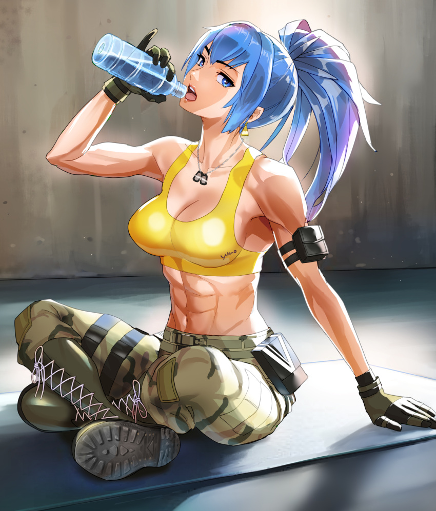 arm_pouch biceps blue_eyes blue_hair boots bottle camouflage camouflage_pants cargo_pants combat_boots crop_top drinking earrings highres holding holding_bottle jewelry leona_heidern muscular muscular_female on_ground pants plastic_bottle ponytail sitting soldier tank_top the_king_of_fighters the_king_of_fighters_xv triangle_earrings water_bottle yellow_tank_top yukinoshinf yukinoshinf/