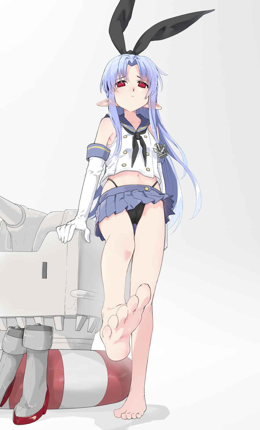 1girl absurdres bare_legs barefoot blue_hair boots cameltoe commission cosplay crop_top elbow_gloves feet g-string gloves highres kantai_collection legs len_(tsukihime) light_blue_hair long_hair looking_at_viewer looking_down miniskirt navel no_socks panties pointy_ears red_eyes sailor_collar shimakaze_(kancolle) shimakaze_(kancolle)_(cosplay) sidelocks skeb_commission skirt soles solid_eyes solo thong toenails toes tsukihime underwear unworn_boots very_long_hair yakitori0829