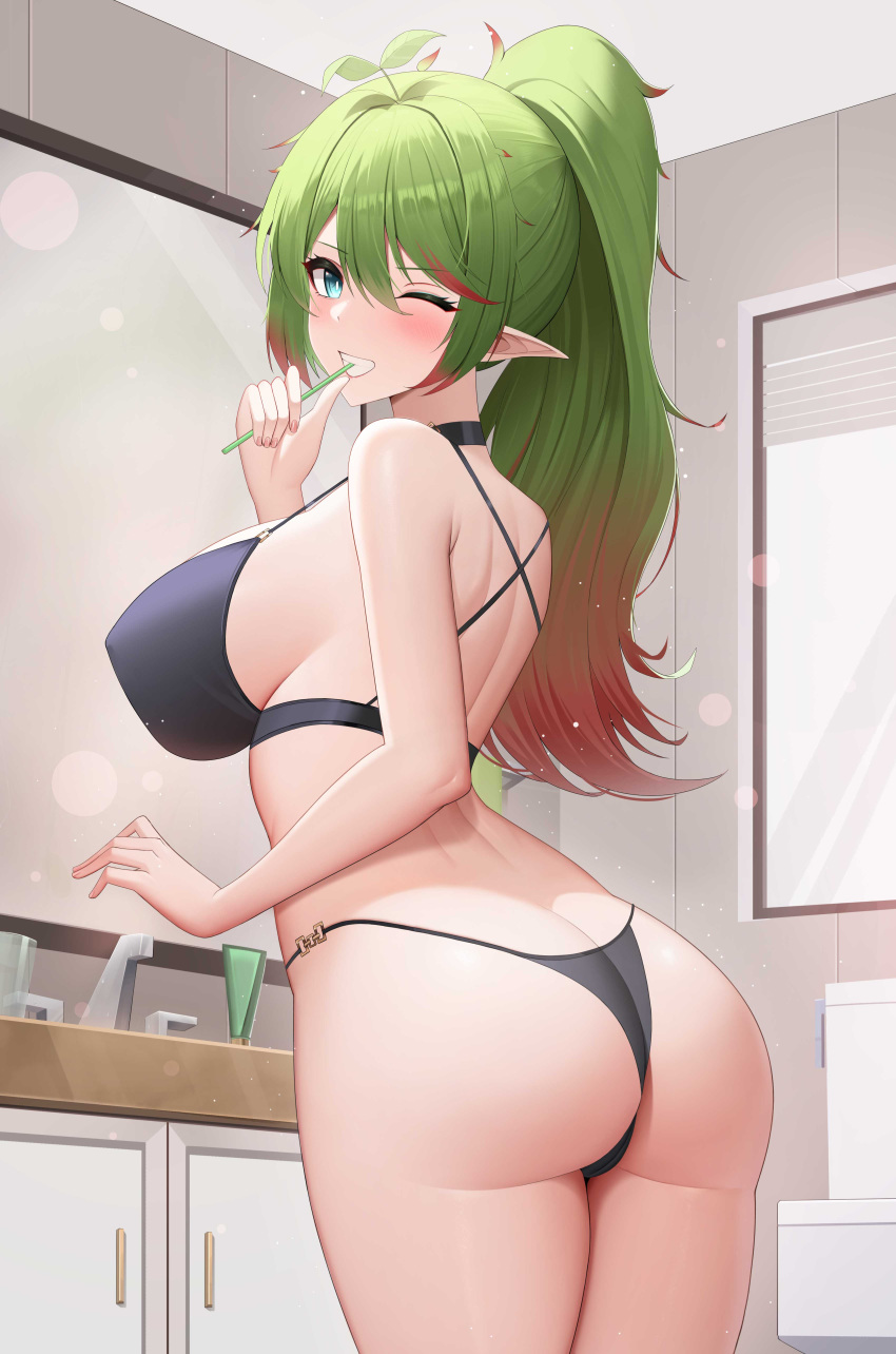 1girl absurdres aqua_eyes ass bikini black_bikini blush breasts bright_pupils colored_tips commission drinking_straw drinking_straw_in_mouth elf gradient_hair green_hair highres large_breasts median_furrow multicolored_hair one_eye_closed original plant_hair pointy_ears ponytail red_hair sink solo swimsuit ultra_(511455329) white_pupils