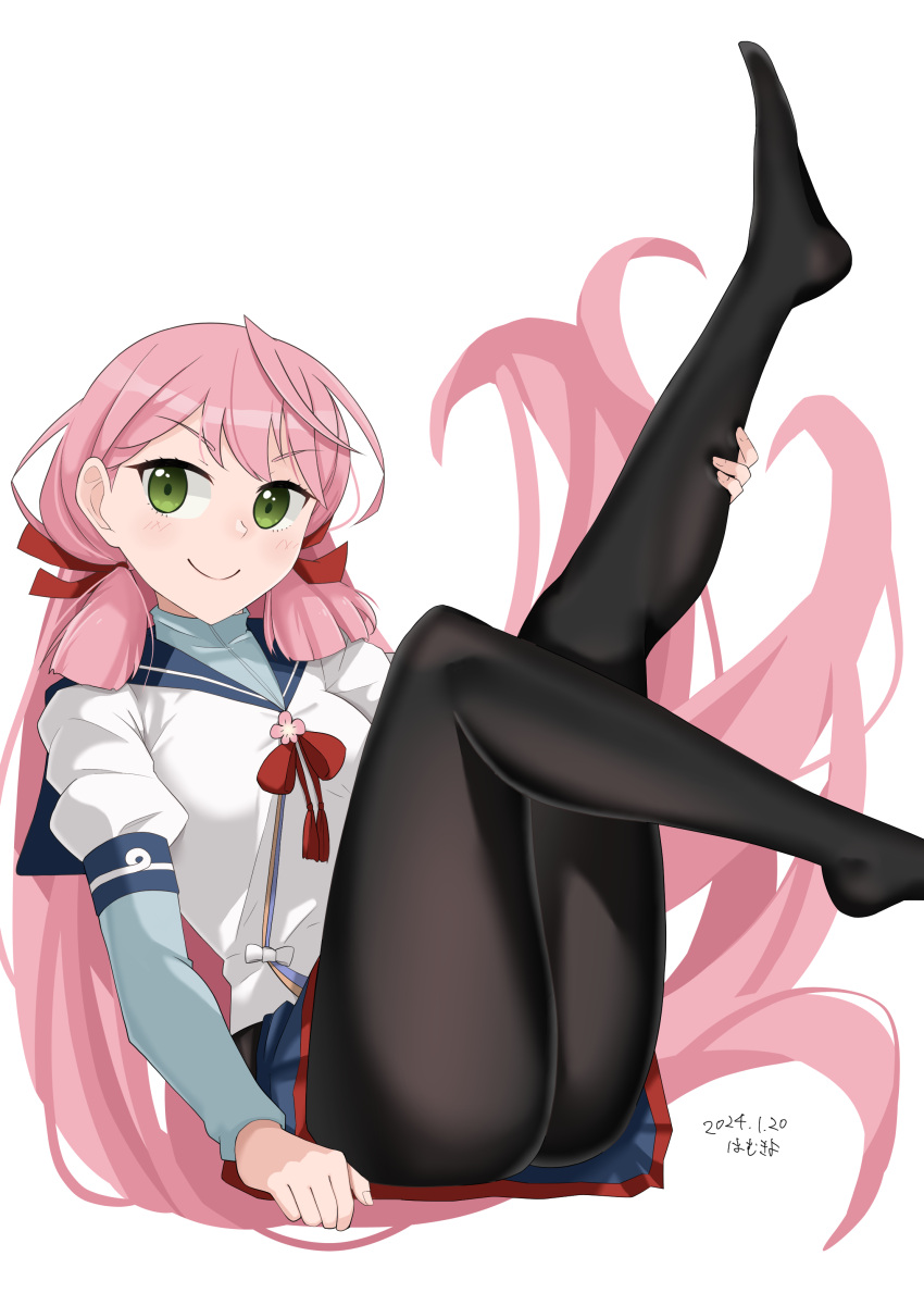 1girl absurdres akashi_(kancolle) alternate_legwear artist_name black_pantyhose blue_skirt blunt_tresses breasts commentary_request dated green_eyes hair_ribbon hamukiyo highres kantai_collection legs_up long_hair long_sleeves looking_at_viewer lying medium_breasts open_mouth pantyhose pink_hair pleated_skirt red_ribbon ribbon shirt simple_background skirt smile solo tress_ribbon very_long_hair white_background white_shirt