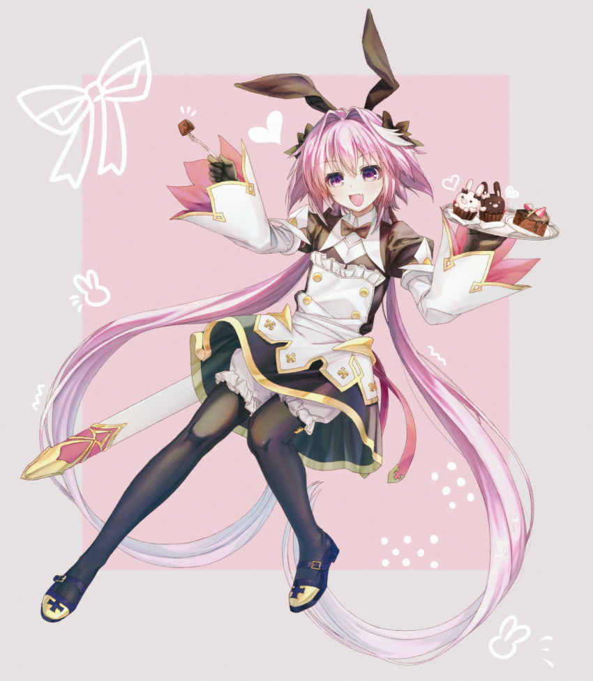 1boy absurdres animal-themed_food animal_ears astolfo_(fate) astolfo_(saber)_(fate) black_bow black_bowtie black_gloves black_thighhighs bow bowtie cake cake_slice chocolate_cake dress fake_animal_ears fang fate/apocrypha fate/grand_order fate_(series) food fork fruit gloves hair_bow hair_intakes heart highres holding holding_fork holding_tray layered_skirt long_hair male_focus muffin multicolored_hair natsuoto_rito open_mouth otoko_no_ko pink_hair purple_eyes rabbit rabbit_ears ribbon scabbard sheath skin_fang skirt solo strawberry streaked_hair sword thighhighs tray twintails very_long_hair weapon white_hair wing_collar