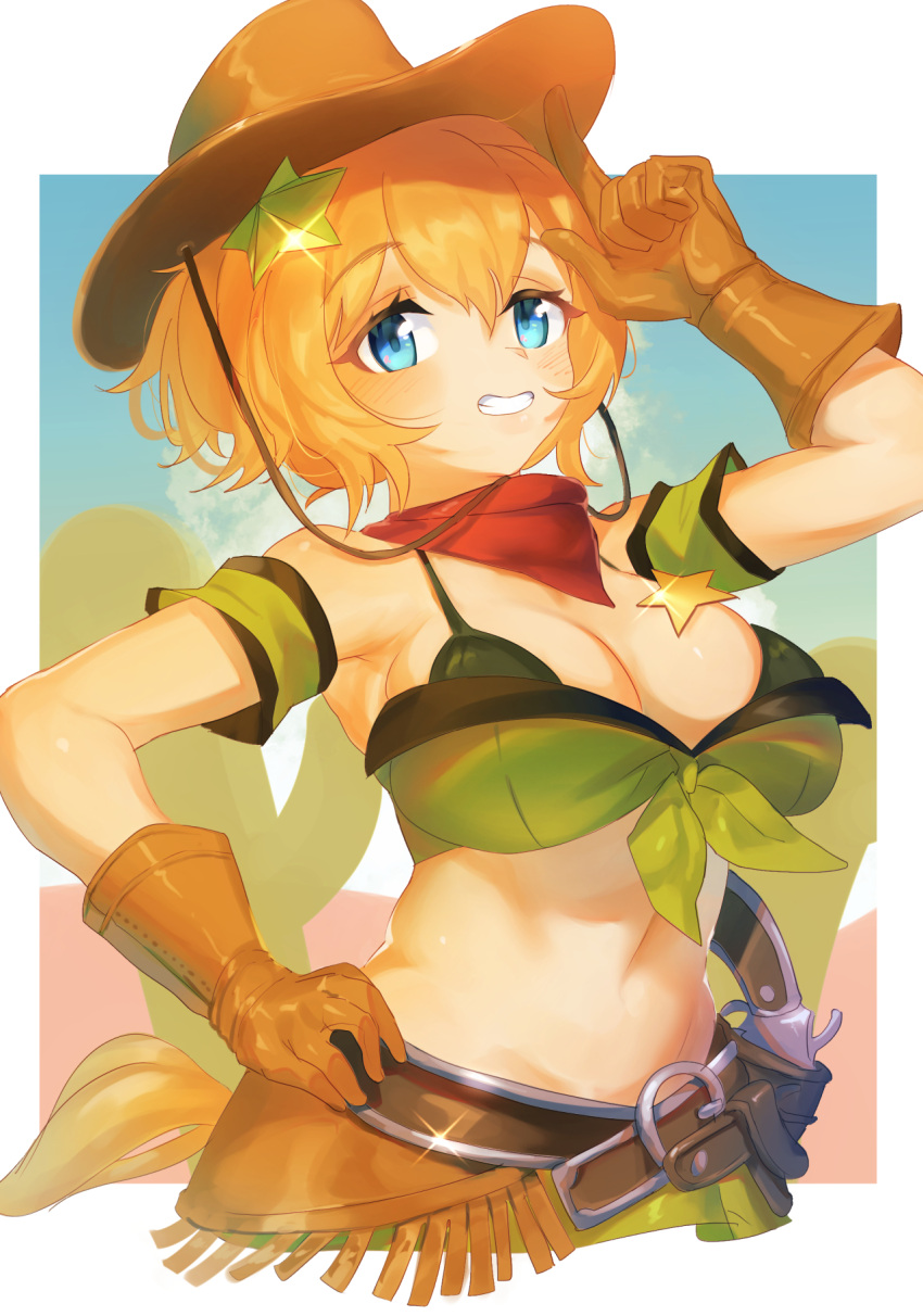 1girl animal_ears armpits bikini blue_eyes blue_sky blush border breasts brown_gloves cactus cleavage commentary_request cowboy_hat eltir front-tie_bikini_top front-tie_top gloves green_bikini gun hair_between_eyes hair_ornament hand_on_own_hip hat hat_on_back headwear_request highres holster holstered horse_ears horse_girl horse_tail large_breasts looking_at_viewer medium_hair navel open_mouth outdoors ponytail revolver simple_background sky smile solo star_(symbol) star_hair_ornament swimsuit taiki_shuttle_(umamusume) tail umamusume upper_body weapon white_border