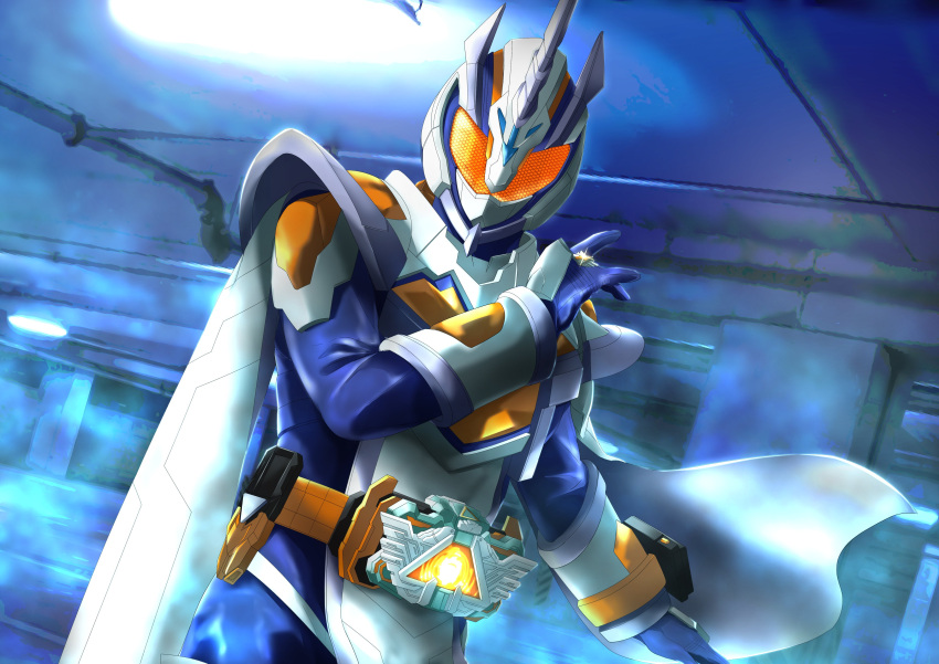 1girl absurdres alchemisdriver armor bodysuit compound_eyes contrapposto driver_(kamen_rider) glowing glowing_eyes highres jewelry kamen_rider kamen_rider_gotchard_(series) kamen_rider_majade long_hair miyabi_(037) open_hands orange_eyes orange_hair outstretched_arms rider_belt ring spread_arms standing sun sununicorn tokusatsu unicorn white_armor