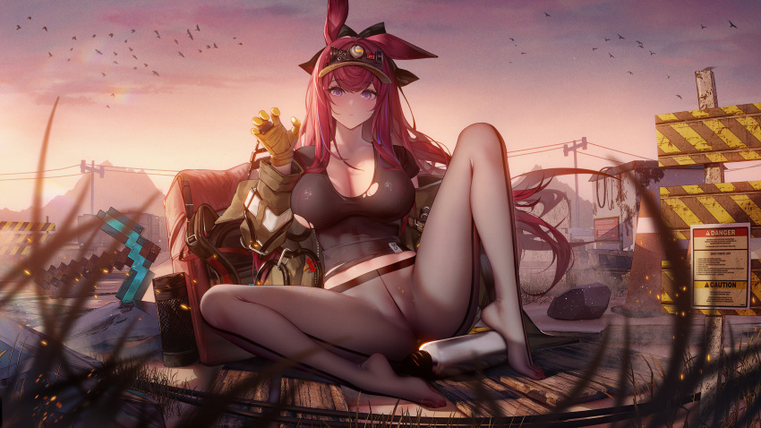 1girl animal_ears arknights arm_support backpack bag binggong_asylum black_pantyhose black_ribbon black_shirt blurry blurry_background blurry_foreground blush bottle breasts brown_headwear brown_jacket cameltoe chinese_commentary claw_pose cleavage closed_mouth collarbone commentary_request crop_top cropped_shirt dawn depth_of_field embarrassed english_text expressionless eyelashes feet film_grain floating_hair full-length_zipper gloves hair_flowing_over hair_ribbon hand_up headlamp heel_up highres jacket knees knees_up large_breasts legs lens_flare light_particles long_hair long_sleeves looking_at_viewer minecraft minecraft_pickaxe mountainous_horizon no_bra no_shoes off_shoulder on_ground open_clothes open_jacket outdoors pantyhose power_lines purple_eyes purple_hair rabbit_ears rabbit_girl railroad_tracks ray_(arknights) red_bag red_hair ribbon rock see-through see-through_legwear shade shadow shirt short_sleeves sign simple_bird sitting sky solo sparks spread_legs stomach straight_hair thighs toenails toes toned torn_clothes torn_shirt utility_pole very_long_hair visor_cap warning_sign yellow_gloves yellow_sky zipper