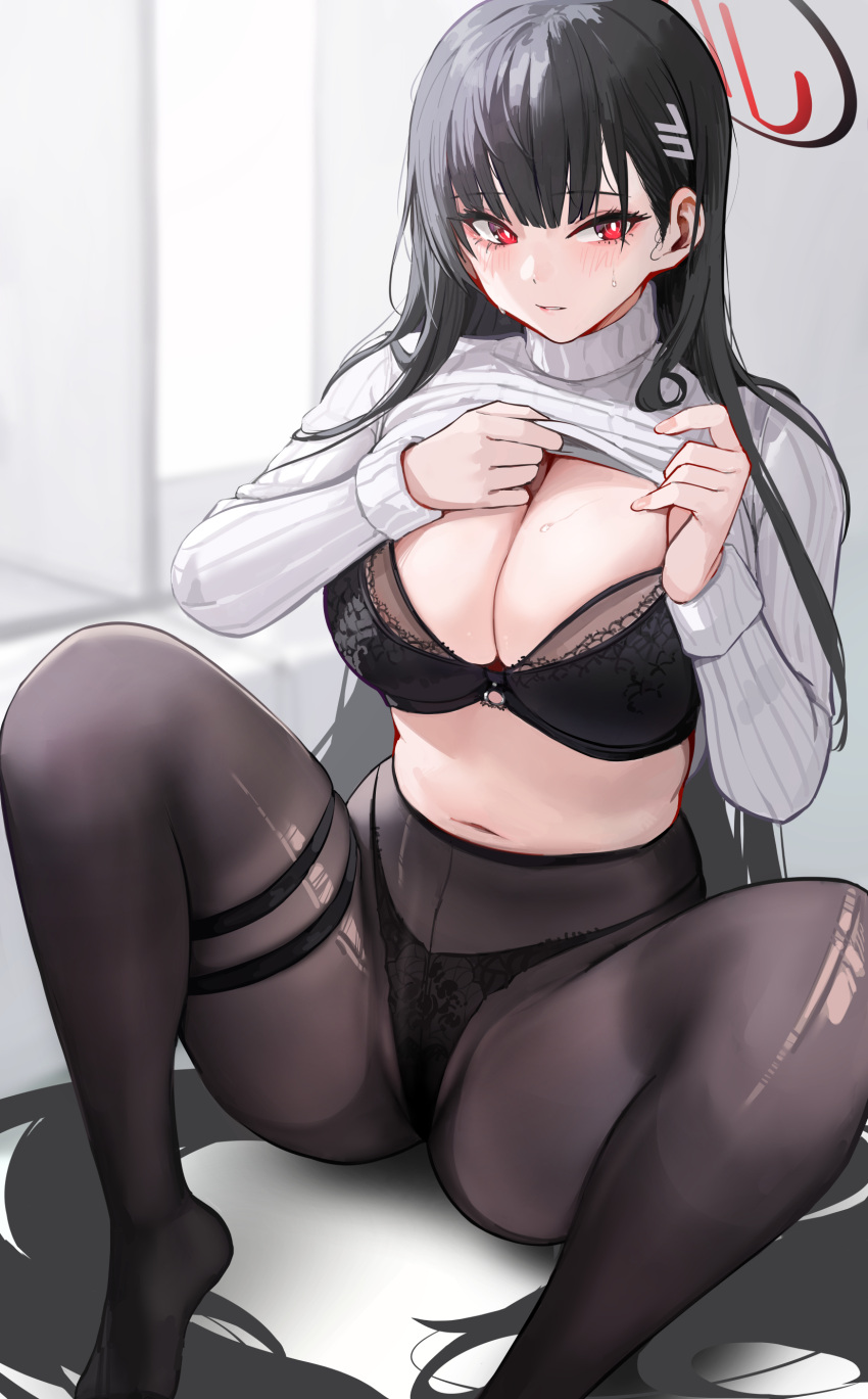 1girl absurdres black_bra black_hair black_panties black_pantyhose blue_archive blush bra breasts bright_pupils chela77 cleavage clothes_lift commentary hair_ornament halo highres large_breasts long_sleeves looking_at_viewer navel panties panties_under_pantyhose pantyhose parted_lips red_eyes rio_(blue_archive) sitting solo sweater sweater_lift symbol-only_commentary thigh_strap thighs turtleneck turtleneck_sweater underwear white_pupils white_sweater
