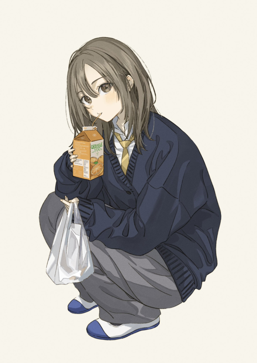 1girl bag baggy_clothes baggy_pants blue_jacket brown_eyes brown_hair carton drinking_straw expressionless grey_pants highres jacket juice looking_at_viewer necktie orange_juice original pants sako_(35s_00) school_uniform shirt shopping_bag solo squatting white_background white_shirt yellow_necktie