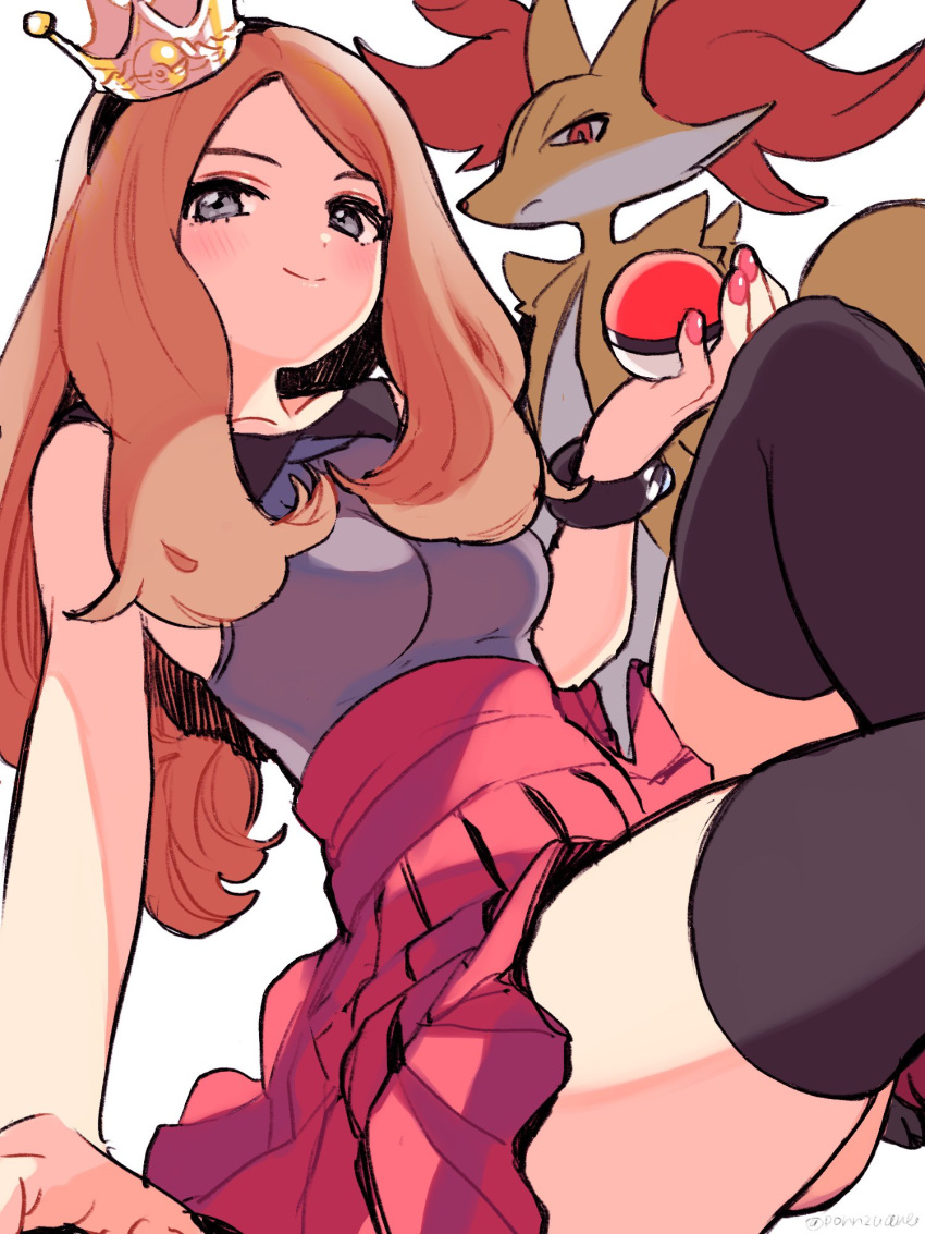 1girl amezawa_koma black_shirt black_thighhighs blonde_hair braixen closed_mouth crown grey_eyes highres holding holding_poke_ball looking_at_viewer poke_ball poke_ball_(basic) pokemon pokemon_(creature) pokemon_xy red_skirt serena_(pokemon) shirt skirt sleeveless sleeveless_shirt smile thighhighs thighs white_background