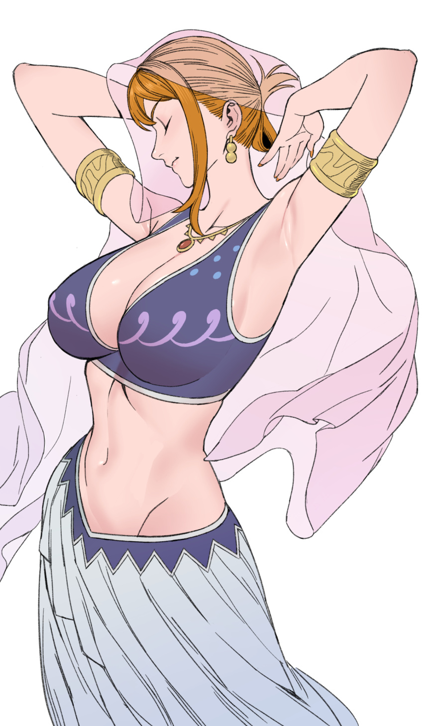 1girl arabian_clothes armlet armpits arms_up bare_shoulders belly_dancing breasts cleavage closed_eyes closed_mouth commentary cowboy_shot crop_top dancer earrings gold_earrings hair_behind_ear harem_outfit highres jewelry large_breasts midriff nami_(one_piece) navel necklace official_alternate_costume one_piece orange_hair orange_nails pink_veil profile short_hair single_sidelock skirt solo uukkaa veil white_background white_skirt