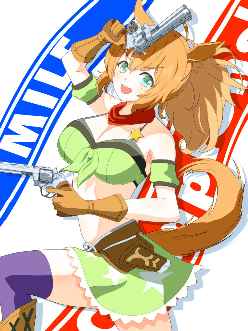 1girl :d absurdres ahoge animal_ears arm_up armpits bandana bandeau bikini bikini_under_clothes blue_eyes blush boots breasts brown_footwear brown_hair cleavage commentary_request detached_sleeves drop_shadow dual_wielding finger_on_trigger green_skirt gun gunkata hair_ornament hand_up highres holding holding_gun holding_weapon horse_ears horse_girl large_breasts long_hair looking_at_viewer miniskirt nan-bu open_mouth purple_thighhighs revolver short_sleeves simple_background skirt skirt_set smile solo star_(symbol) star_hair_ornament swimsuit taiki_shuttle_(umamusume) tail thighhighs umamusume weapon