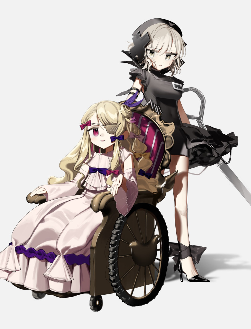 2girls black_dress black_footwear blonde_hair bow brown_hair chizuru_(cizz_ru) closed_mouth cross detached_sleeves dress eyepatch full_body grey_background hair_bow hat high_heels highres holding holding_scissors holding_weapon long_hair long_sleeves looking_at_viewer magical_girl mahou_shoujo_ikusei_keikaku multiple_girls nurse_cap pfle pink_bow pink_dress pink_eyes purple_bow scissors shadowgale short_hair sitting smile standing throne very_long_hair weapon wheelchair