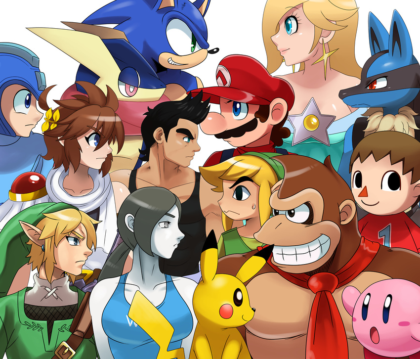 animal_crossing anthro ape black_eyes black_hair black_nose blonde_hair blue_eyes blue_fur breasts brown_fur buckle cleavage clothed clothing crossover donkey_kong facial_hair female fur green_eyes greninja grey_eyes group hair hat hedgehog human hylian kirby kirby_(series) link little_mac lucario machine male mammal mario mario_bros mechanical mega_man_(character) mega_man_(series) mustache necktie nintendo open_mouth piercing pikachu pink_body pink_eyes pok&#233;mon pok&eacute;mon primate princess_rosalina punch-out red_cheeks robot sega shirt smile sonic_(series) sonic_the_hedgehog sssonic2 super_smash_bros sweat teeth the_legend_of_zelda toon_link video_games villager_(animal_crossing) wii_fit wii_fit_trainer yellow_body