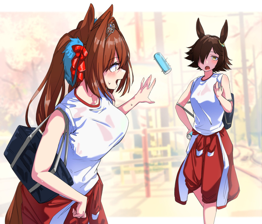 2girls animal_ears artistic_error bag bow breasts brown_hair can clothes_around_waist commentary_request commission daiwa_scarlet_(umamusume) gym_shirt gym_uniform hair_bow hair_intakes hair_over_one_eye highres horse_ears horse_girl horse_tail jacket jacket_around_waist large_breasts long_hair looking_at_another multiple_girls nerukichikatafukuma open_mouth pants red_bow red_eyes red_jacket red_pants school_bag shirt skeb_commission tail throwing tracen_training_uniform track_jacket track_pants twintails umamusume vodka_(umamusume) white_shirt