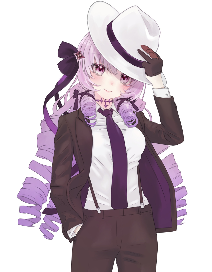 1girl alternate_costume black_gloves black_jacket black_pants black_suit closed_mouth collared_shirt cowboy_shot drill_hair gloves half_gloves hand_in_pocket hand_up hat highres holding holding_clothes holding_hat hyakumantenbara_salome jacket long_hair long_sleeves looking_at_viewer mocha_(snowflake) necktie nijisanji open_clothes open_jacket pants purple_eyes purple_hair purple_necktie shirt simple_background smile solo standing star_(symbol) star_in_eye suit suspenders symbol_in_eye unworn_hat unworn_headwear very_long_hair virtual_youtuber white_background white_headwear white_shirt