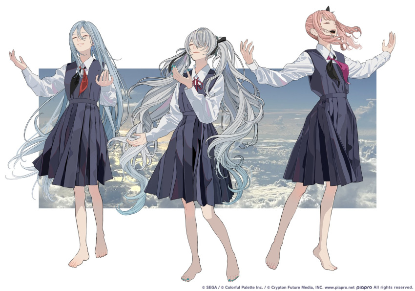 1other 25-ji_miku 2girls akiyama_mizuki aqua_eyes barefoot black_neckerchief black_ribbon blue_eyes blue_hair closed_eyes collared_shirt commentary_request deichuu_ni_saku_(vocaloid) dress full_body green_nails grey_dress grey_hair grin hair_between_eyes hair_ribbon hatsune_miku highres kko_(um7mr) laughing light_blue_hair long_hair long_sleeves matching_outfits multiple_girls neckerchief official_art open_mouth outstretched_arms photo_background pinafore_dress pink_eyes pink_hair pink_neckerchief pleated_dress project_sekai red_neckerchief red_ribbon ribbon shirt sleeveless sleeveless_dress smile spread_arms standing string_bowtie swept_bangs twintails two-tone_neckerchief very_long_hair vocaloid white_background white_shirt yoisaki_kanade