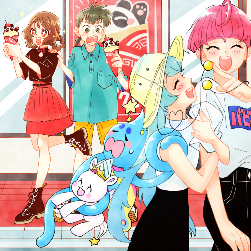 +_+ 1boy 3girls :d aged_up alternate_hairstyle aqua_hair arm_grab black_footwear black_pants black_shirt black_skirt blue_shirt braid brown_hair casual closed_eyes commentary day delicious_party_precure food fuwa_(precure) hagoromo_lala hair_down hair_rings hanamichi_ran hand_on_another's_shoulder hat highres holding holding_food hoshina_hikaru in-franchise_crossover looking_at_another medium_skirt multiple_girls open_mouth outdoors pants parfait pleated_skirt polo_shirt precure print_shirt prunce_(precure) red_eyes red_hair red_skirt shirt shoes short_sleeves shorts skirt sleeveless sleeveless_shirt smile standing standing_on_one_leg star_twinkle_precure sun_hat sweatdrop t-shirt takagi_shinpei ton_(ton39342104) turtleneck twin_braids white_headwear yellow_shorts