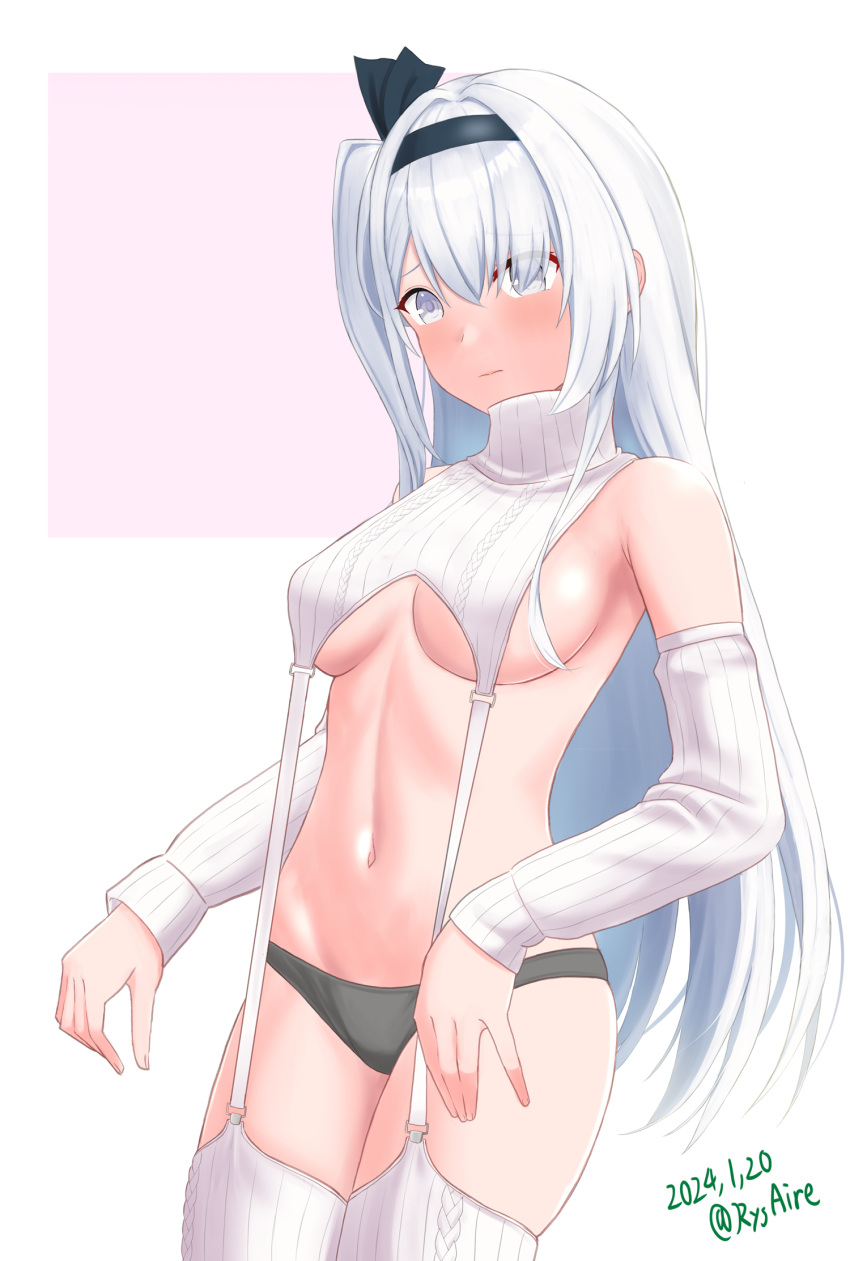 1girl alternate_costume ame-san aran_legwear black_headband black_panties breasts detached_sleeves fuyutsuki_(kancolle) garter_straps grey_eyes grey_hair hair_between_eyes headband highres kantai_collection long_hair medium_breasts meme_attire navel one_side_up panties ribbed_legwear ribbed_panties ribbed_sleeves ribbed_sweater ribbed_thighhighs sideboob sleeveless sleeveless_sweater sleeveless_turtleneck solo sweater turtleneck turtleneck_sweater underwear very_long_hair virgin_destroyer_sweater white_garter_straps white_sweater