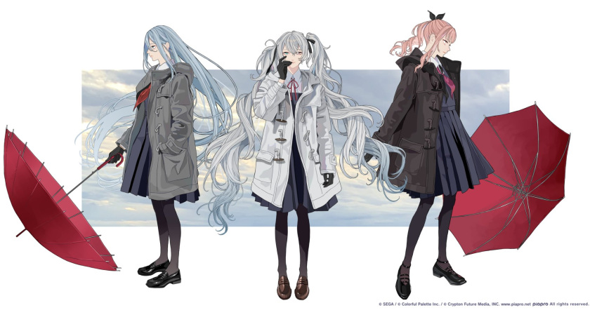 1other 25-ji_miku 2girls akiyama_mizuki aqua_eyes barefoot black_footwear black_gloves black_jacket black_neckerchief black_ribbon black_thighhighs blue_eyes blue_hair brown_footwear collared_shirt commentary_request deichuu_ni_saku_(vocaloid) dress full_body gloves grey_dress grey_hair hair_between_eyes hair_ribbon hand_in_pocket hatsune_miku highres jacket kko_(um7mr) light_blue_hair long_hair long_sleeves looking_at_viewer looking_to_the_side mary_janes matching_outfits multiple_girls neckerchief official_art pantyhose photo_background pinafore_dress pink_eyes pink_hair pink_neckerchief pleated_dress project_sekai red_neckerchief red_ribbon red_umbrella ribbon shirt shoes sleeveless sleeveless_dress standing straight-on string_bowtie swept_bangs thighhighs twintails two-tone_neckerchief umbrella very_long_hair vocaloid white_background white_shirt yoisaki_kanade