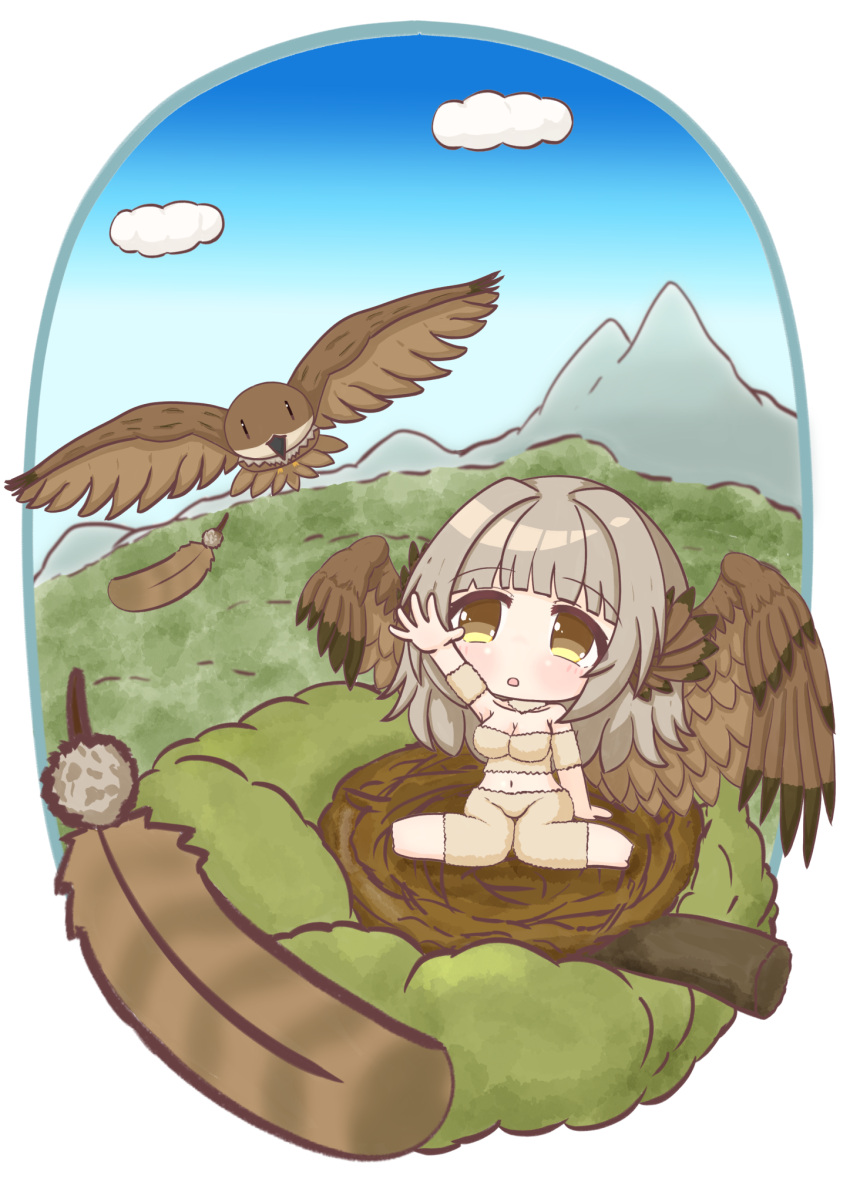 1girl :o animal_ears arm_up bare_shoulders bird bird_ears bird_girl bird_nest blue_sky blunt_bangs breasts brown_feathers chibi cleavage cloud collarbone commentary_request day falling_feathers feathers full_body fur_(clothing) fur_sleeves grey_hair highres large_breasts long_hair looking_up midriff mokezi mountain navel original outdoors reaching sidelocks sitting sky tree wariza yellow_eyes