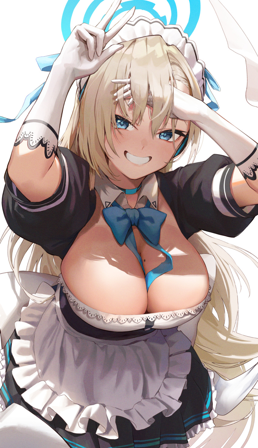 1girl apron asuna_(blue_archive) black_cola black_dress blonde_hair blue_archive blue_eyes blue_halo breasts cleavage dress frilled_apron frilled_dress frills halo highres looking_at_viewer maid maid_apron maid_headdress mole mole_on_breast puffy_short_sleeves puffy_sleeves short_dress short_sleeves smile solo upper_body waist_apron white_apron