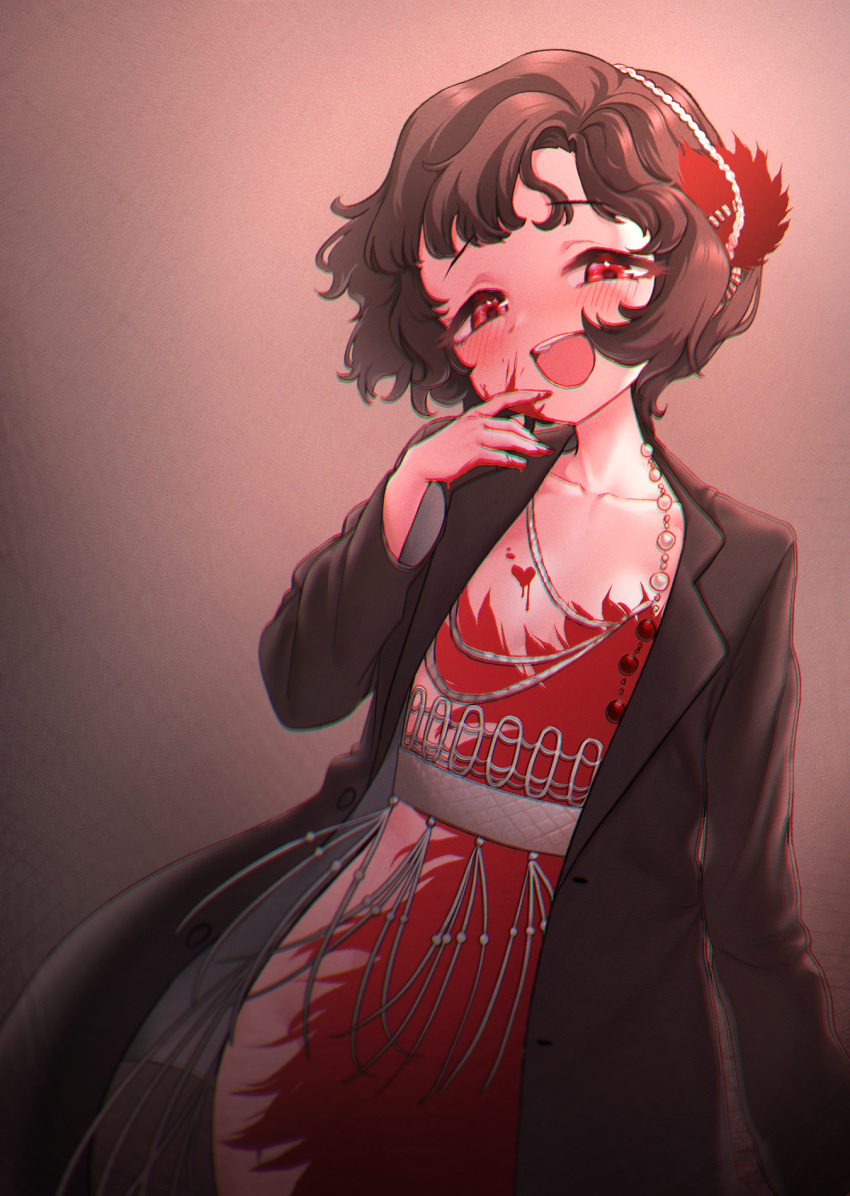 1girl :d black_coat black_hair blood blood_on_face blood_on_hands blush chromatic_aberration coat curly_hair dress feather_dress feather_hair_ornament feathers finger_to_mouth greenteamousou hair_ornament half-closed_eyes hand_up highres jewelry long_sleeves looking_at_viewer necklace open_clothes open_coat red_background red_dress red_eyes red_feathers reverse:1999 schneider_(reverse:1999) short_hair smile solo teeth upper_body upper_teeth_only vignetting