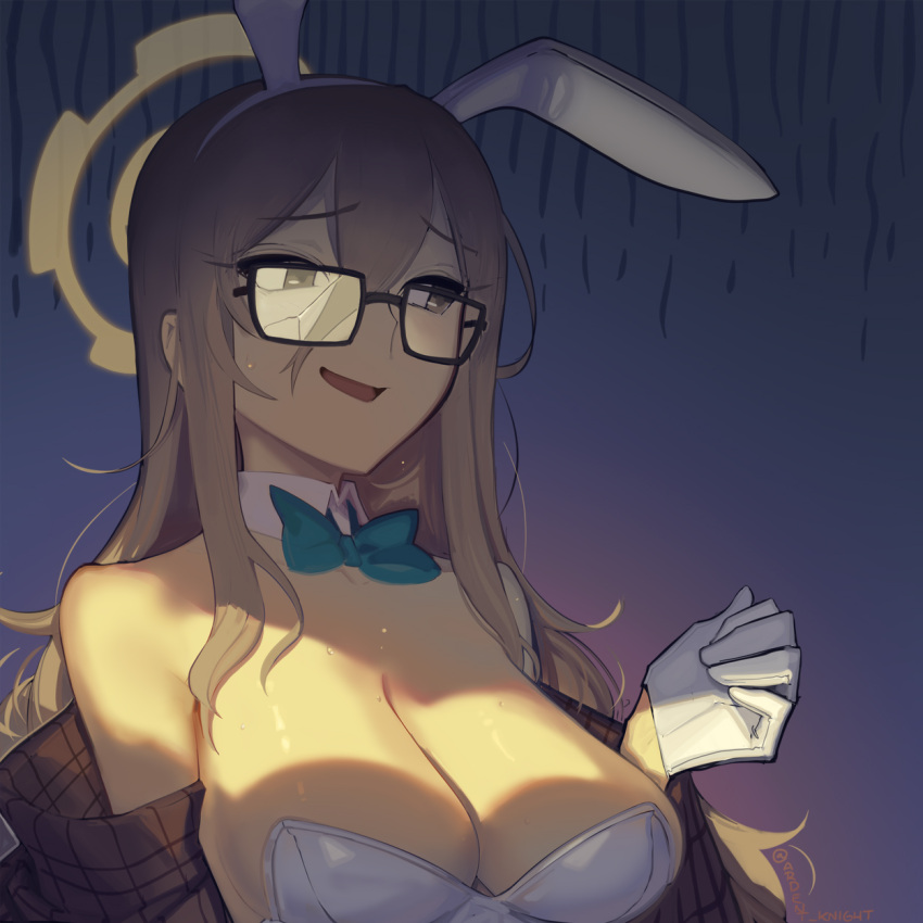 1girl akane_(blue_archive) akane_(bunny)_(blue_archive) animal_ears black-framed_eyewear blue_archive blue_bow blush boa_(brianoa) bow breasts brown_eyes cleavage detached_collar fake_animal_ears glasses gloves hair_between_eyes halo highres large_breasts leotard light_brown_hair long_hair official_alternate_costume open_mouth rabbit_ears solo strapless strapless_leotard twitter_username upper_body white_gloves white_leotard yellow_halo