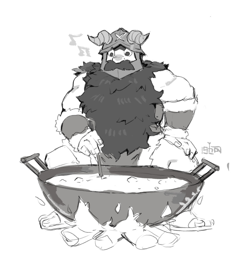 1boy absurdres bara beard brown_hair campfire cooking dungeon_meshi dwarf facial_hair fake_horns full_body graysheartart greyscale helmet highres horned_helmet horns long_beard male_focus monochrome muscular muscular_male senshi_(dungeon_meshi) sitting sketch solo thick_mustache thighs very_long_beard wok