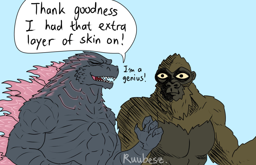 disgusted_face disturbed duo english_text eyes_closed feral fur glowing godzilla godzilla_(series) hi_res king_kong male ruubeszdraws scales simple_background spikes spikes_(anatomy) text toho