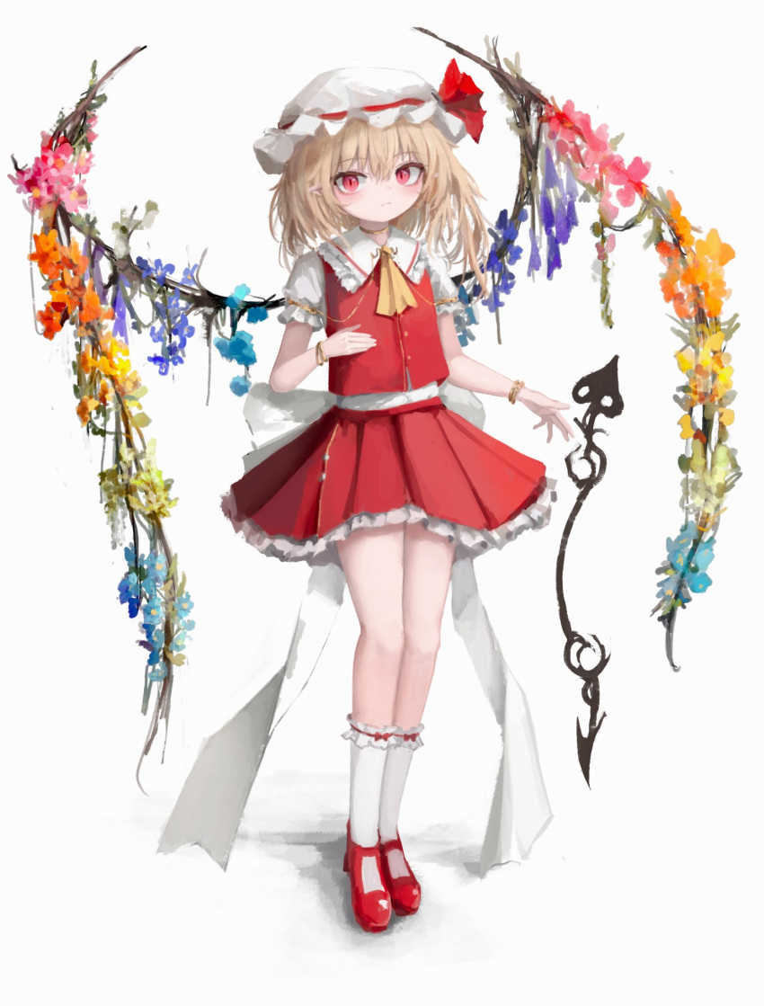 1girl back_bow blonde_hair blush bow bracelet collared_shirt expressionless flandre_scarlet flower_wings frilled_shirt_collar frilled_skirt frilled_socks frills full_body hat highres jewelry laevatein_(touhou) long_hair mary_janes mob_cap pink_eyes pleated_skirt reverinth shirt shoes short_sleeves simple_background skirt slit_pupils socks solo touhou white_background wings