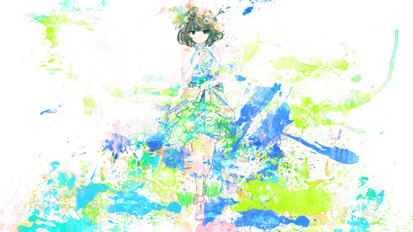 1girl abstract abstract_background aqua_eyes bad_id bad_pixiv_id bare_shoulders brown_hair closed_mouth colorful dress elbow_gloves finger_to_mouth finger_to_own_chin flower full_body gloves green_eyes green_hair hair_flower hair_ornament heterochromia highres idolmaster idolmaster_cinderella_girls idolmaster_cinderella_girls_starlight_stage limited_palette looking_at_viewer meola mole mole_under_eye multicolored_hair paint_splatter short_hair simple_background smile solo standing takagaki_kaede white_dress white_footwear