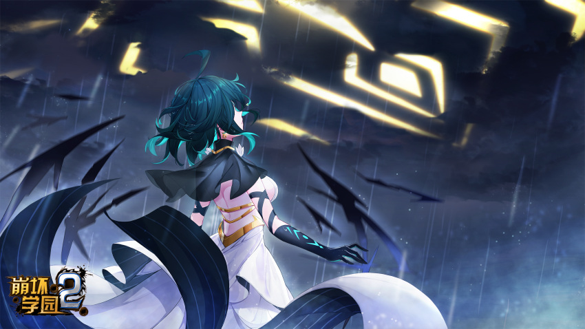 1girl ahoge backless_outfit benghuai_xueyuan black_hair breasts cloud copyright_name earrings from_side green_eyes highres honkai_(series) jewelry logo multicolored_hair official_art rain second-party_source sideboob solo tattoo two-tone_hair wendy_(honkai_impact)