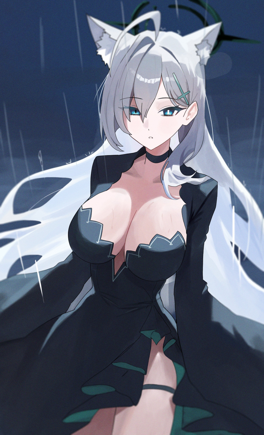 1girl absurdres ahoge animal_ear_fluff animal_ears black_choker blue_archive blue_eyes breasts choker cleavage cowboy_shot cross_hair_ornament dark_halo extra_ears grey_hair hair_ornament halo highres large_breasts long_hair mismatched_pupils open_mouth riel_(ataraxia2334) shiroko_(blue_archive) shiroko_terror_(blue_archive) solo thigh_strap wolf_ears