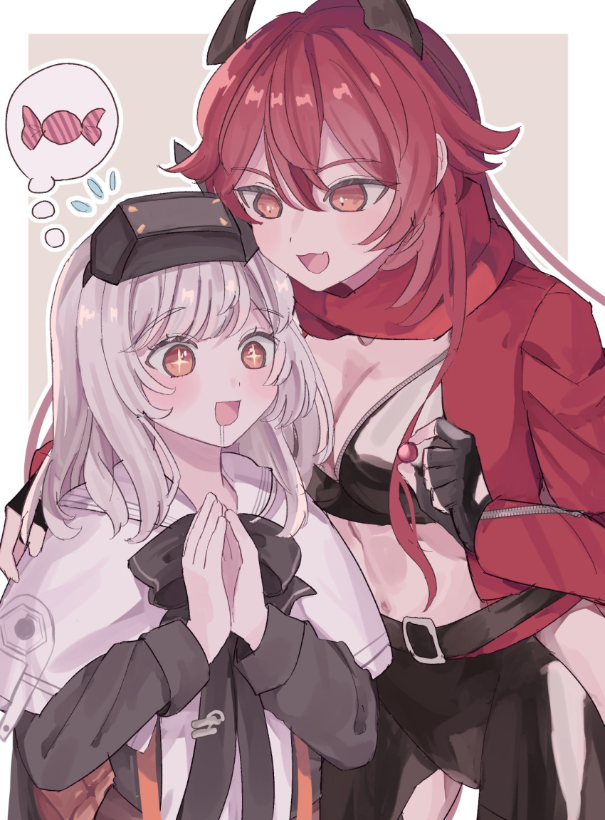 2girls :d black_bow black_bowtie black_gloves black_shirt blush bow bowtie breasts candy chaps cleavage cloak crop_top cropped_jacket fingerless_gloves food gloves goddess_of_victory:_nikke hair_between_eyes headgear highres horns ibushi_(kuyuru_29) jacket large_breasts leather leather_jacket long_hair mechanical_horns multiple_girls navel open_mouth orange_eyes red_hair red_hood_(nikke) red_jacket red_scarf saliva scarf shirt smile snow_white:_innocent_days_(nikke) snow_white_(nikke) unzipped very_long_hair visor_(armor) white_cloak white_hair yellow_eyes zipper