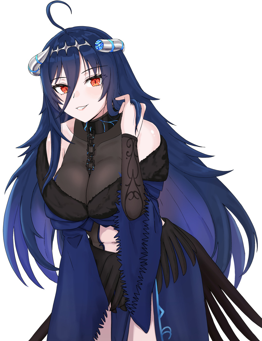 1girl absurdres ahoge black_collar blue_hair blue_horns breasts broken_horn chain clothing_cutout collar covered_collarbone demon_girl demon_horns fur_trim grey_horns hair_between_eyes hand_in_own_hair highres horns kuon_bb large_breasts long_hair multicolored_horns navel navel_cutout oumiya_emma prism_project red_eyes shoulder_cutout slit_pupils solo two-tone_horns virtual_youtuber