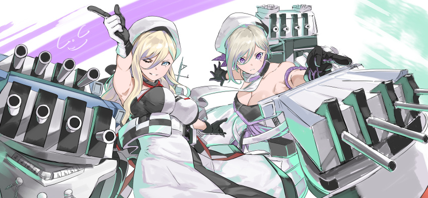 2girls absurdres adapted_turret bare_shoulders beret black_gloves blonde_hair blue_eyes blush breasts cannon cowboy_shot dress gegeron gloves gradient_hair hair_between_eyes hat highres jean_bart_(kancolle) kantai_collection large_breasts long_hair looking_at_viewer machinery mole mole_under_eye multicolored_hair multiple_girls pale_skin richelieu_(kancolle) rigging scarf short_hair strapless strapless_dress turret white_headwear