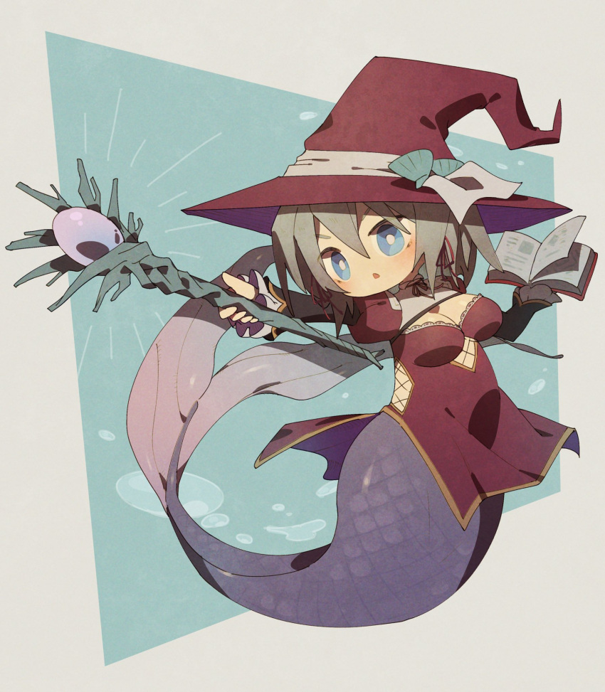 blue_eyes book breasts bubble chuno_(poym) cleavage cleavage_cutout clothing_cutout hair_ornament hat highres holding holding_book holding_staff isla_(cophocoa) kneeless_mermaid lace mermaid monster_girl open_mouth original seashell shell simple_background staff white_hair witch_hat